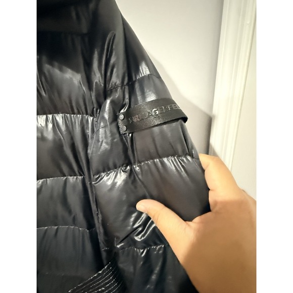 KARL LAGERFELD PARIS Women's Shine Hooded Belted Down Puffer Coat Black Red XL - Picture 3 of 9